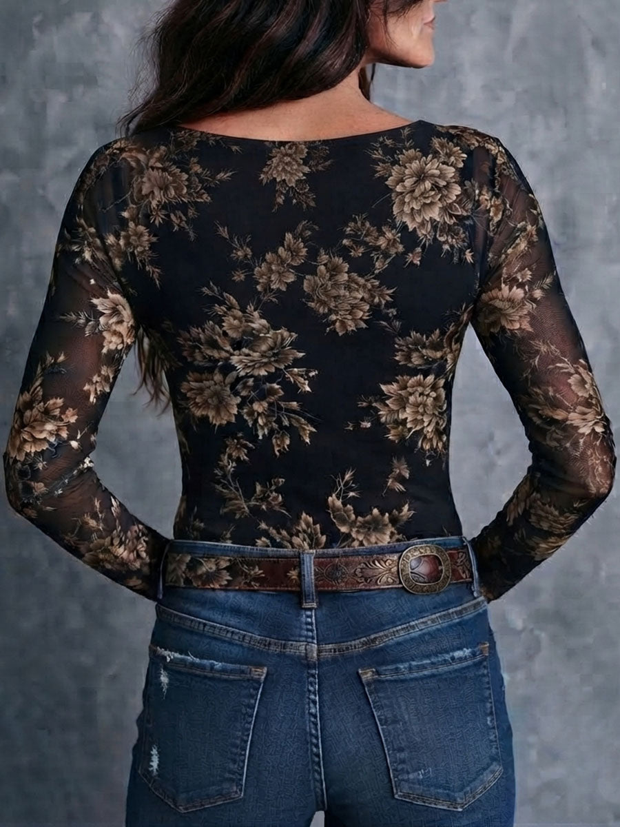 Hazel - Women's Floral Button-Front Sheer Mesh Blouse