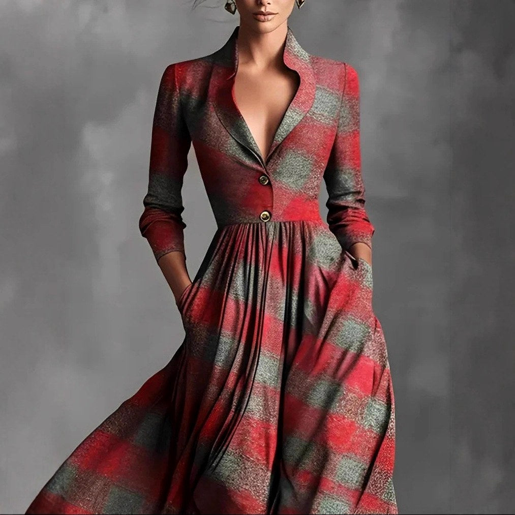 Heidi - Women's Plaid Shawl Collar Maxi Dress 2