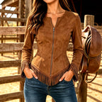 Ingvild - Women's Faux Suede Cropped Fringe Jacket 1