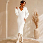 Isolde - Women's Ribbed V-Neck Puff Sleeve Midi Dress 4