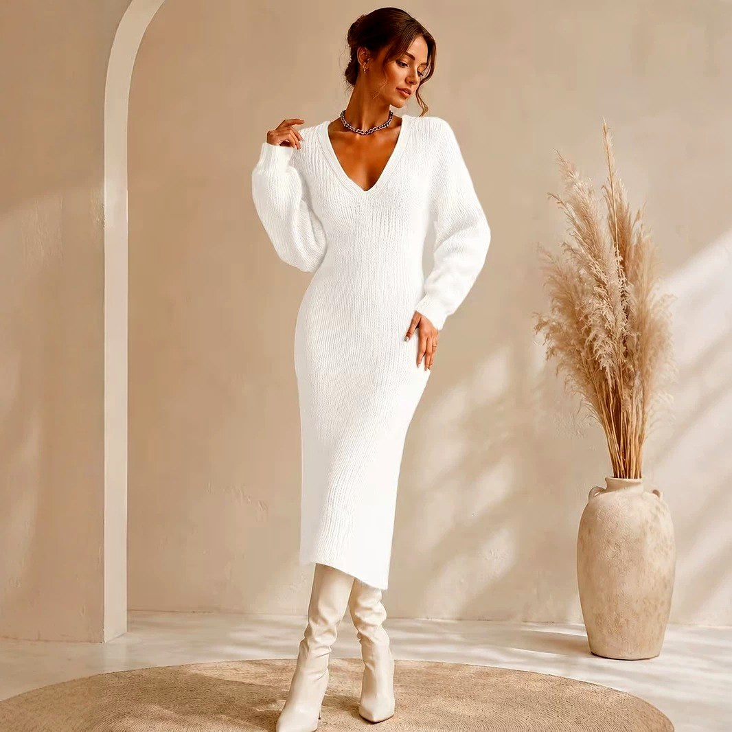 Isolde - Women's Ribbed V-Neck Puff Sleeve Midi Dress 4