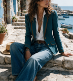 Jade - Women's Herringbone Tweed Blazer with Contrast Trim