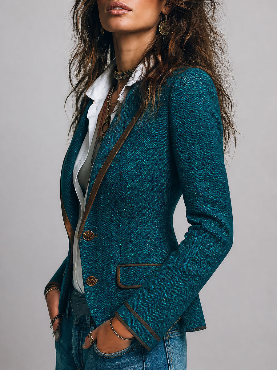 Jade - Women's Herringbone Tweed Blazer with Contrast Trim
