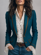 Jade - Women's Herringbone Tweed Blazer with Contrast Trim