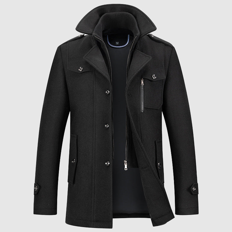 James - Men's Double-Collar Wool Coat with Zip and Button Closure