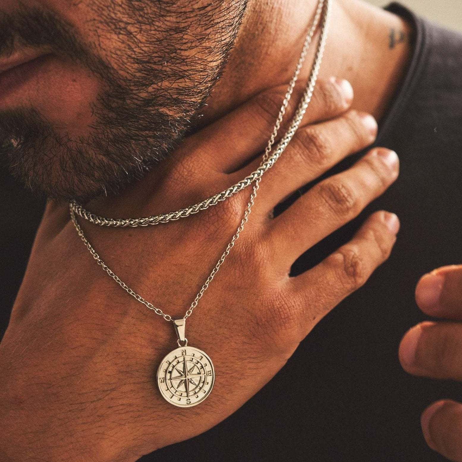Jasper - Men's Gold Compass Pendant Necklace