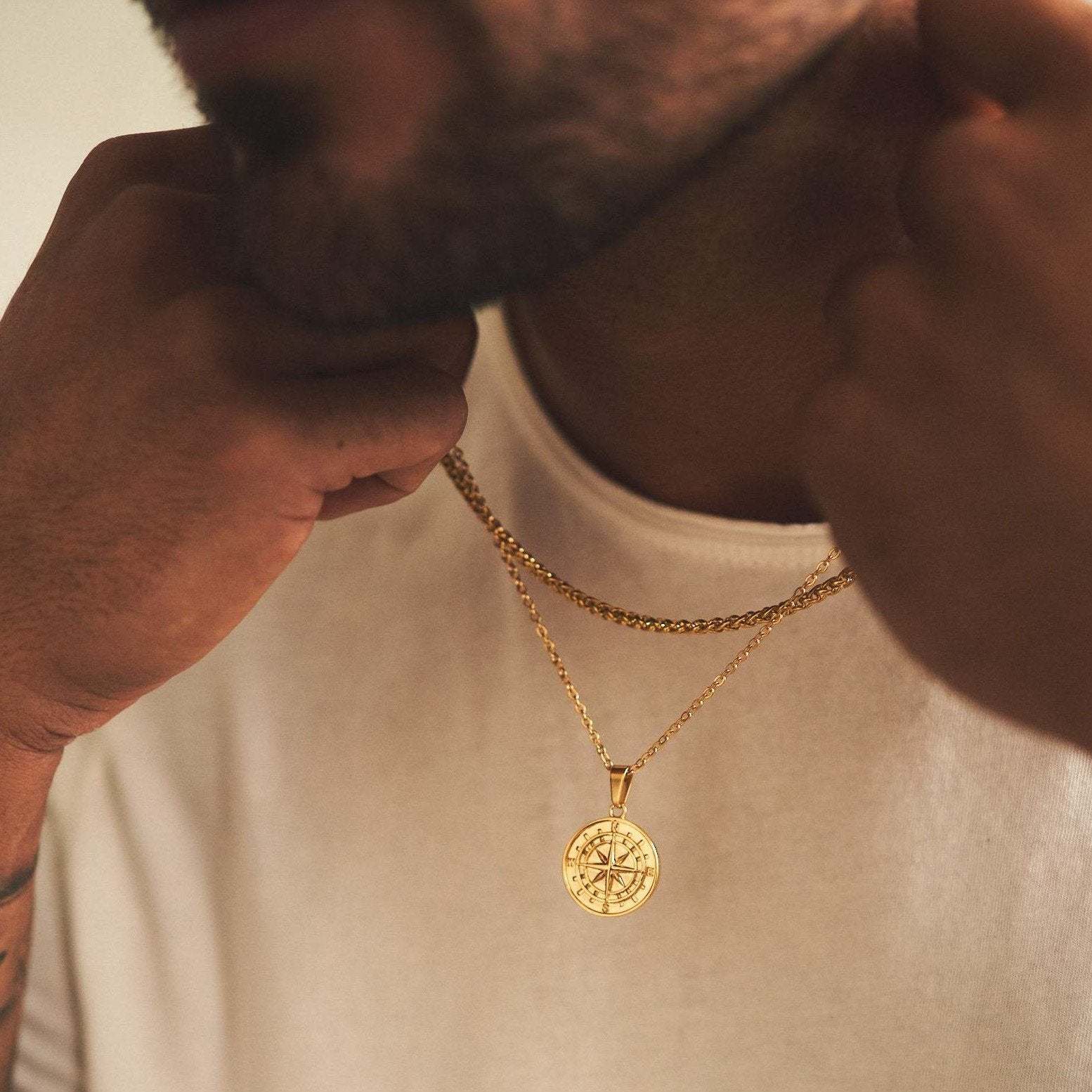 Jasper - Men's Gold Compass Pendant Necklace