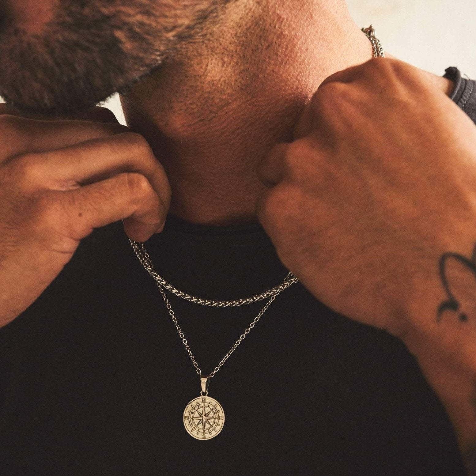Jasper - Men's Gold Compass Pendant Necklace
