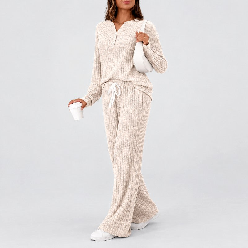 Jeanne - Women's Ribbed Knit Henley Set 1