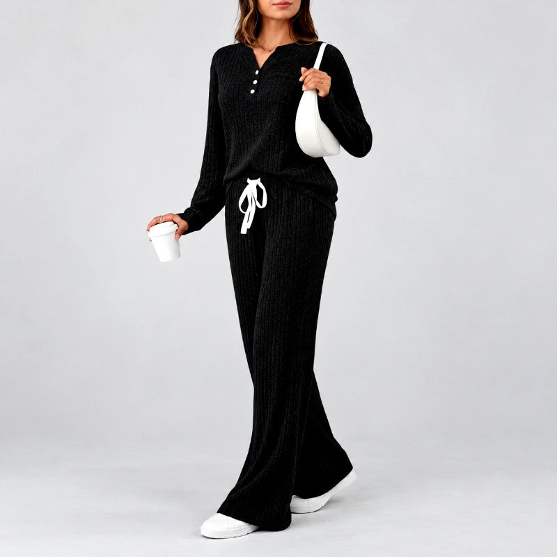 Jeanne - Women's Ribbed Knit Henley Set 2