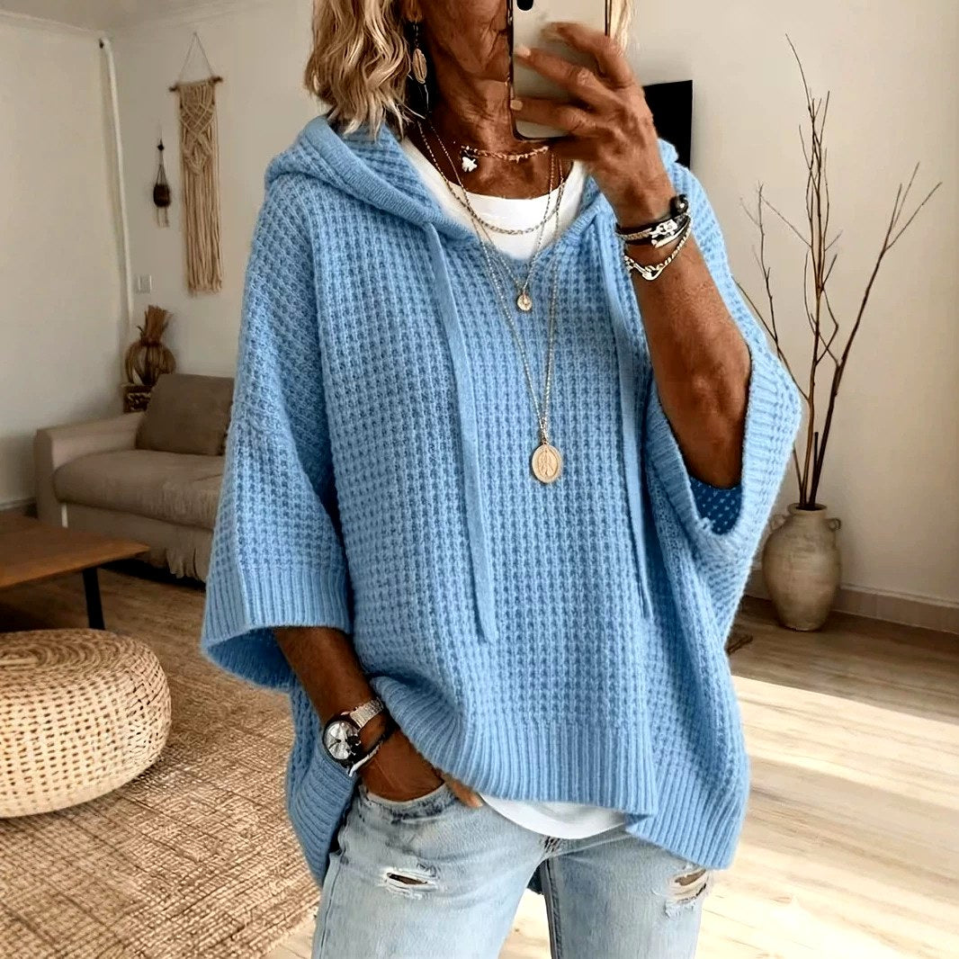 Josephine - Women's Waffle-Knit Hooded Poncho Sweater 1