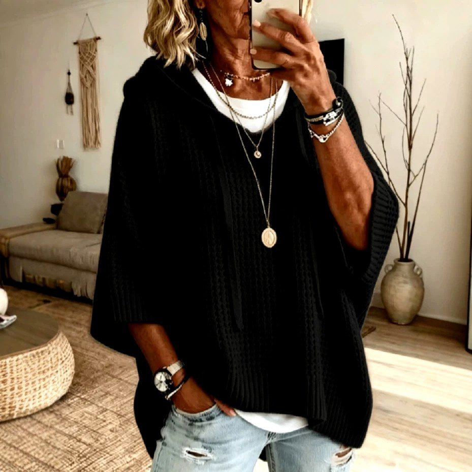 Josephine - Women's Waffle-Knit Hooded Poncho Sweater 2