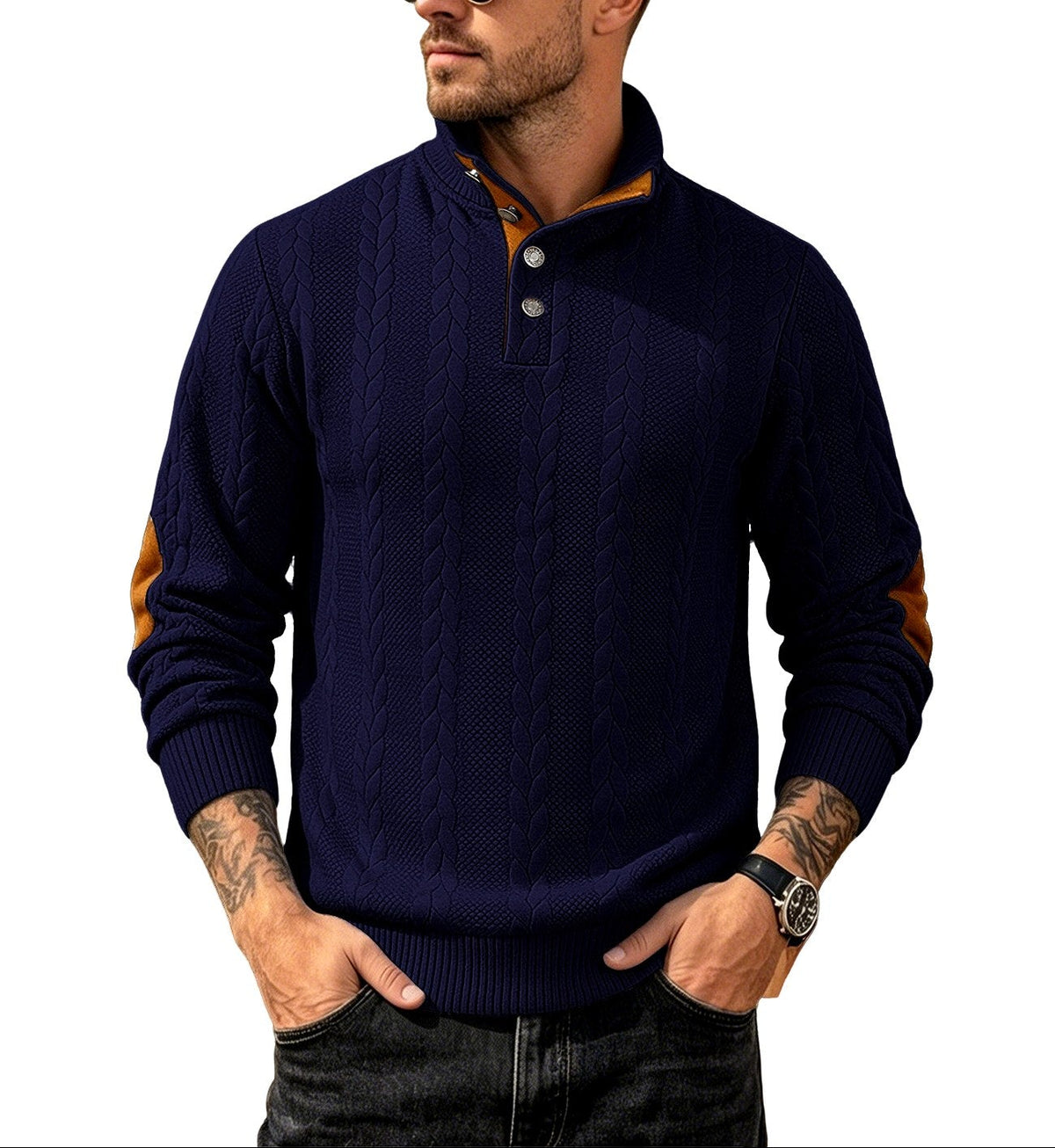 Julian - Men’s Stand Collar Knit Sweater with Contrast Placket 2