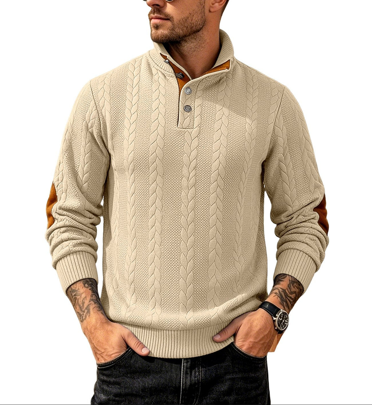 Julian - Men’s Stand Collar Knit Sweater with Contrast Placket 5