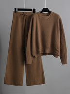 Juliana - Women's Cropped Crewneck Knit Sweater with Wide-Leg Pants Set
