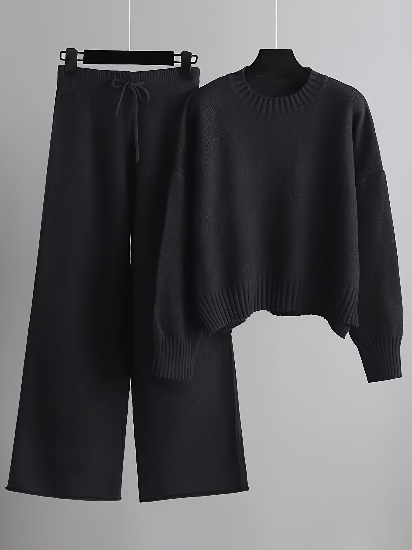 Juliana - Women's Cropped Crewneck Knit Sweater with Wide-Leg Pants Set