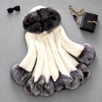 Kadence - Women's Hooded Faux Fur A-Line Coat with Contrast Trim 1