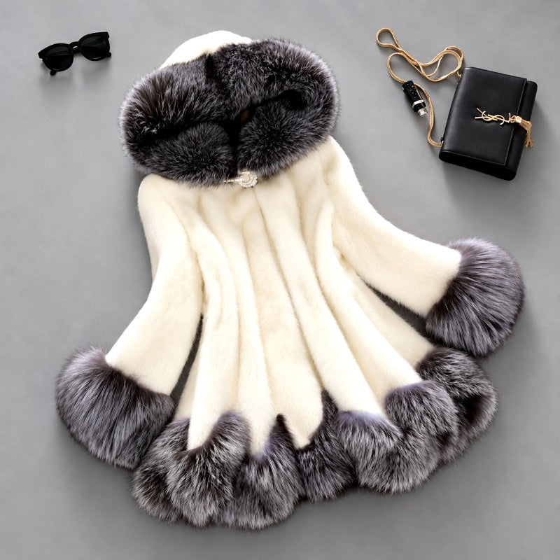 Kadence - Women's Hooded Faux Fur A-Line Coat with Contrast Trim 1