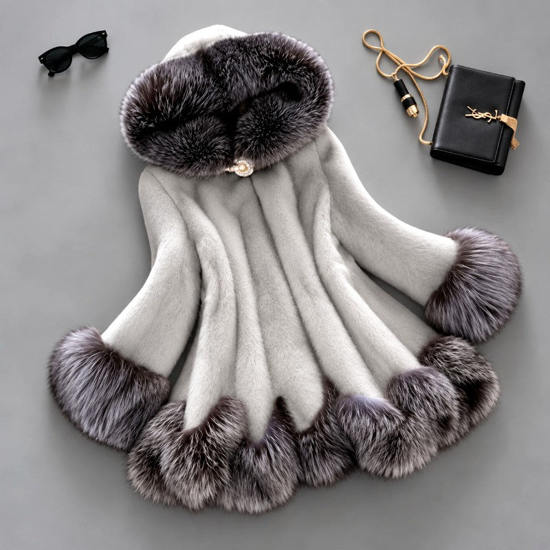 Kadence - Women's Hooded Faux Fur A-Line Coat with Contrast Trim 3