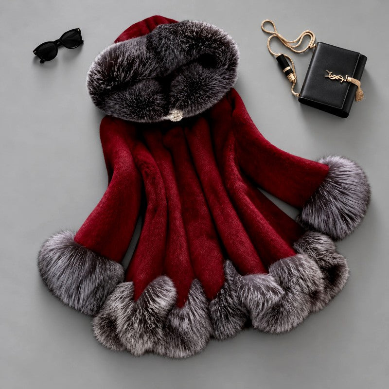 Kadence - Women's Hooded Faux Fur A-Line Coat with Contrast Trim 4