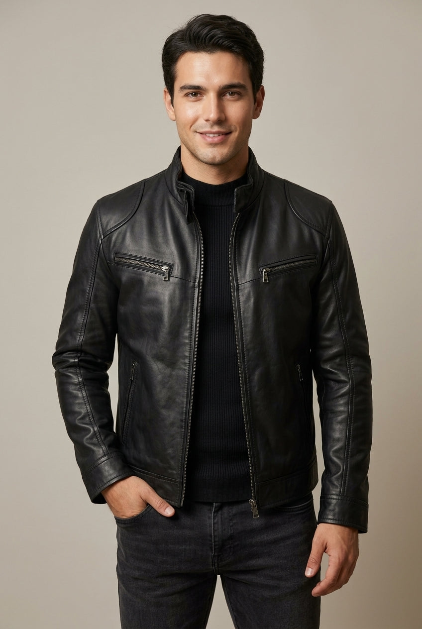 Kai - Men's Quilted-Shoulder Leather Jacket with Stand Collar