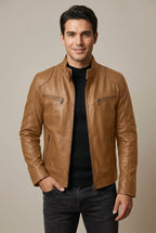 Kai - Men's Quilted-Shoulder Leather Jacket with Stand Collar