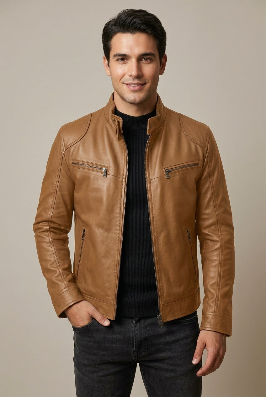Kai - Men's Quilted-Shoulder Leather Jacket with Stand Collar