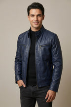 Kai - Men's Quilted-Shoulder Leather Jacket with Stand Collar