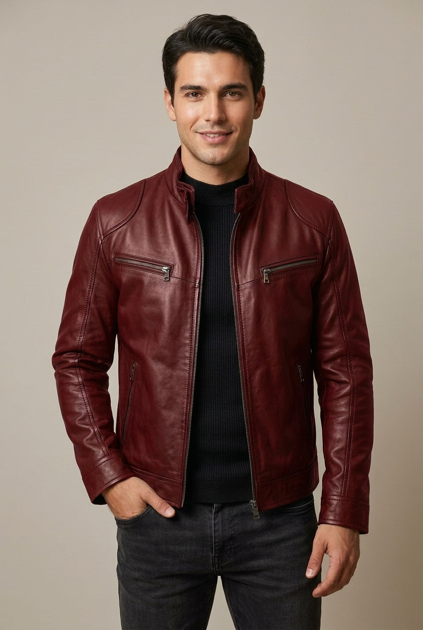 Kai - Men's Quilted-Shoulder Leather Jacket with Stand Collar