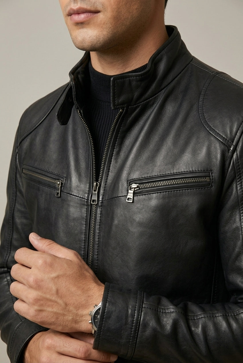 Kai - Men's Quilted-Shoulder Leather Jacket with Stand Collar