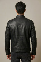 Kai - Men's Quilted-Shoulder Leather Jacket with Stand Collar