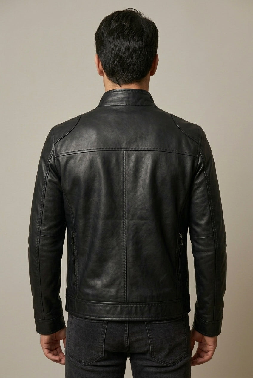 Kai - Men's Quilted-Shoulder Leather Jacket with Stand Collar