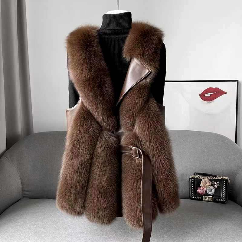 Katerina - Women’s Belted Long Faux Fur Vest 3