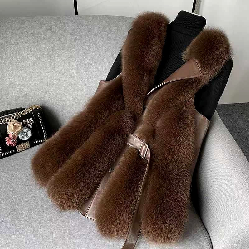 Katerina - Women’s Belted Long Faux Fur Vest 5