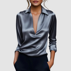 Kendall - Women's Satin Wrap Blouse with Collar