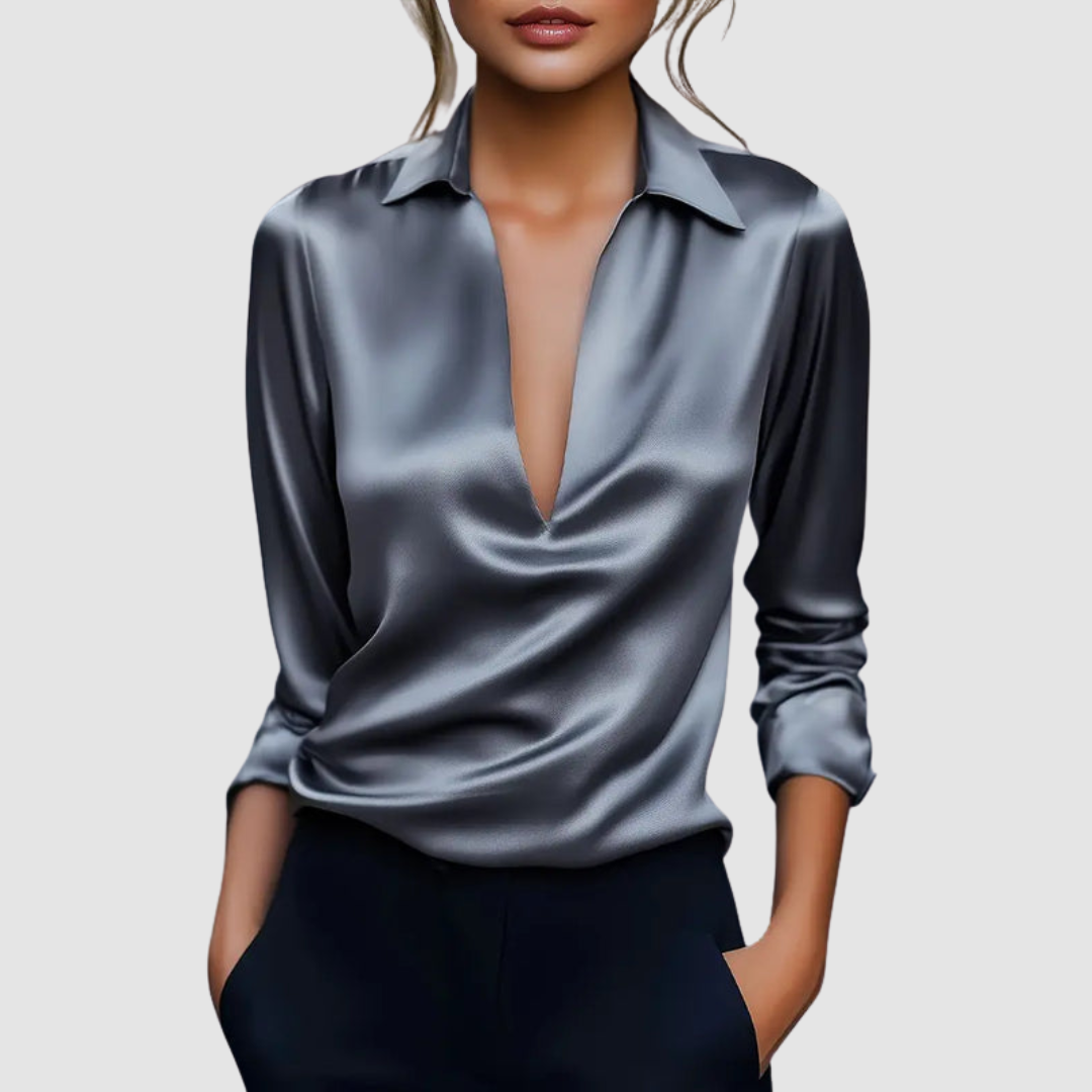 Kendall - Women's Satin Wrap Blouse with Collar