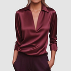 Kendall - Women's Satin Wrap Blouse with Collar