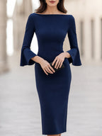 Kiana - Women's Boat-Neck Bell-Sleeve Midi Dress