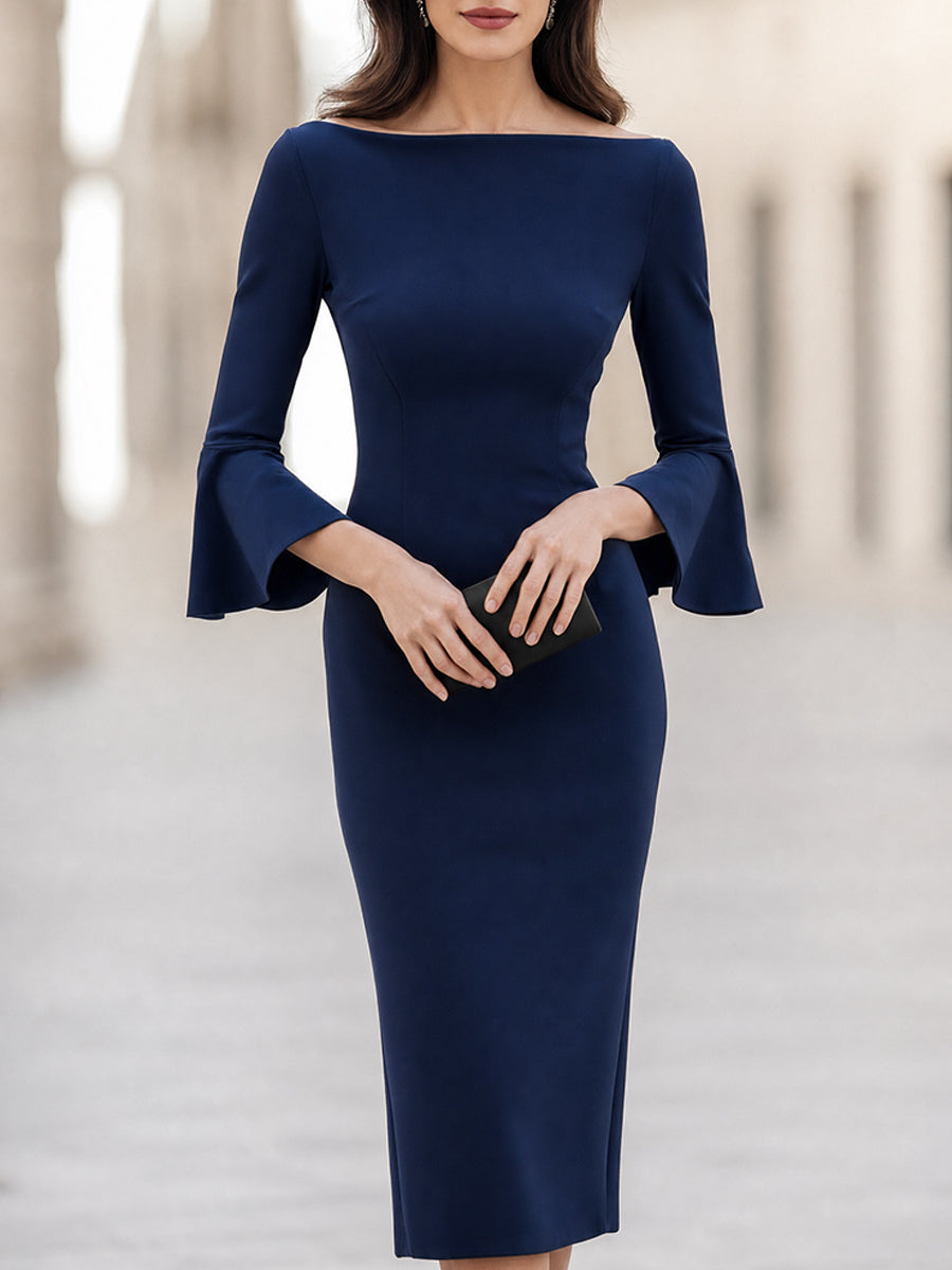 Kiana - Women's Boat-Neck Bell-Sleeve Midi Dress