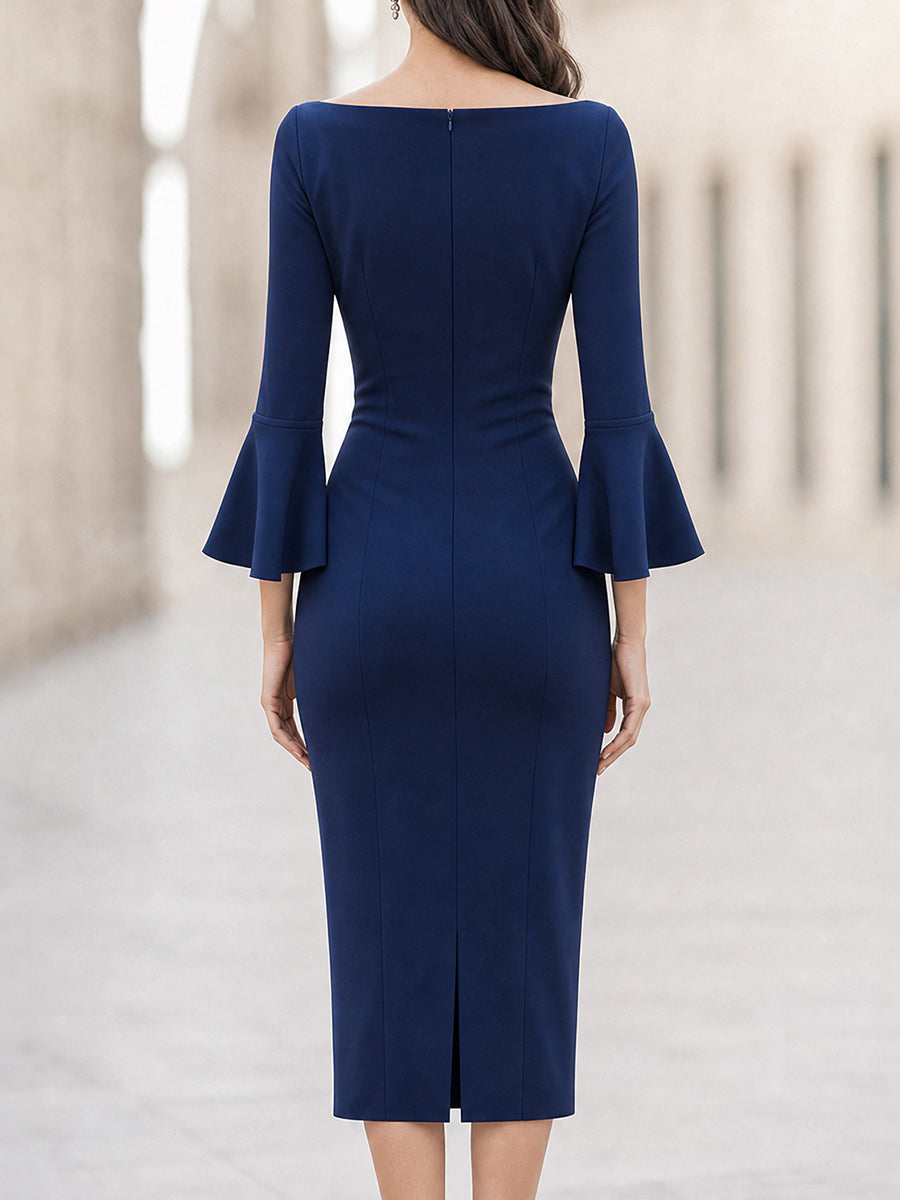 Kiana - Women's Boat-Neck Bell-Sleeve Midi Dress