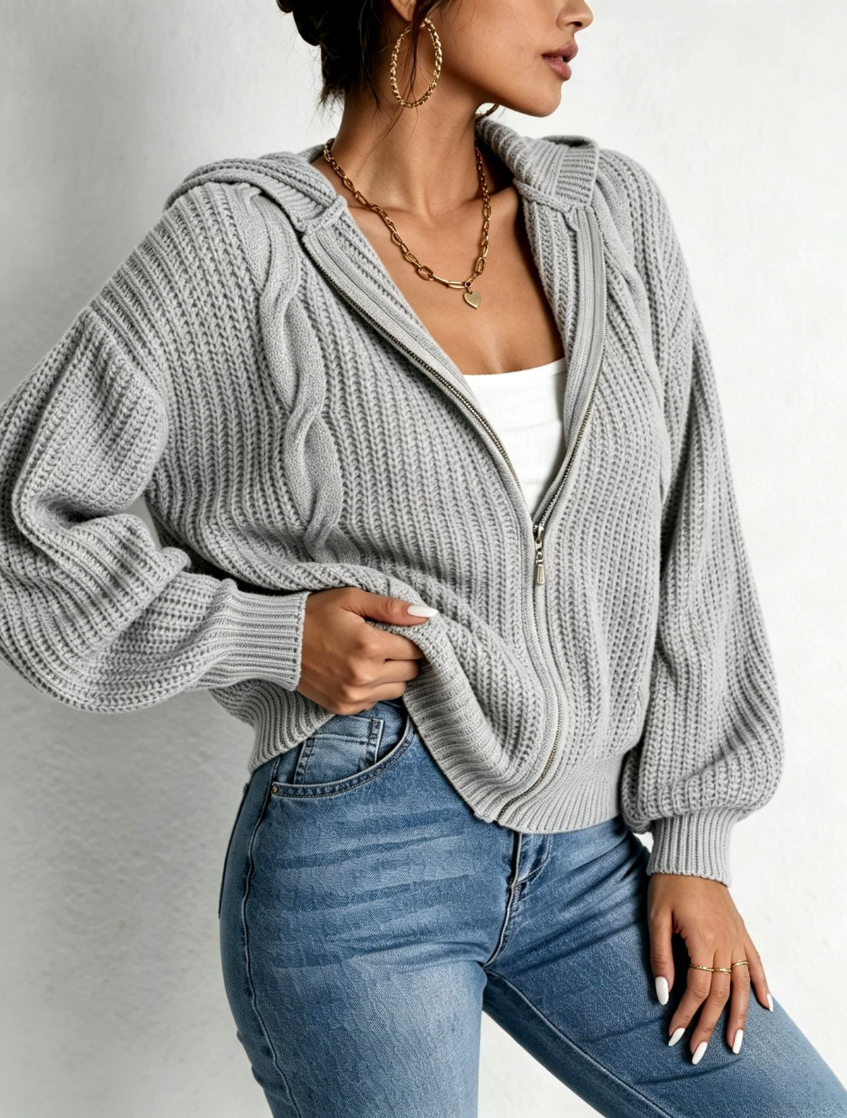 Kirsten - Women's Cropped Zip-Up Hooded Knit Cardigan 2