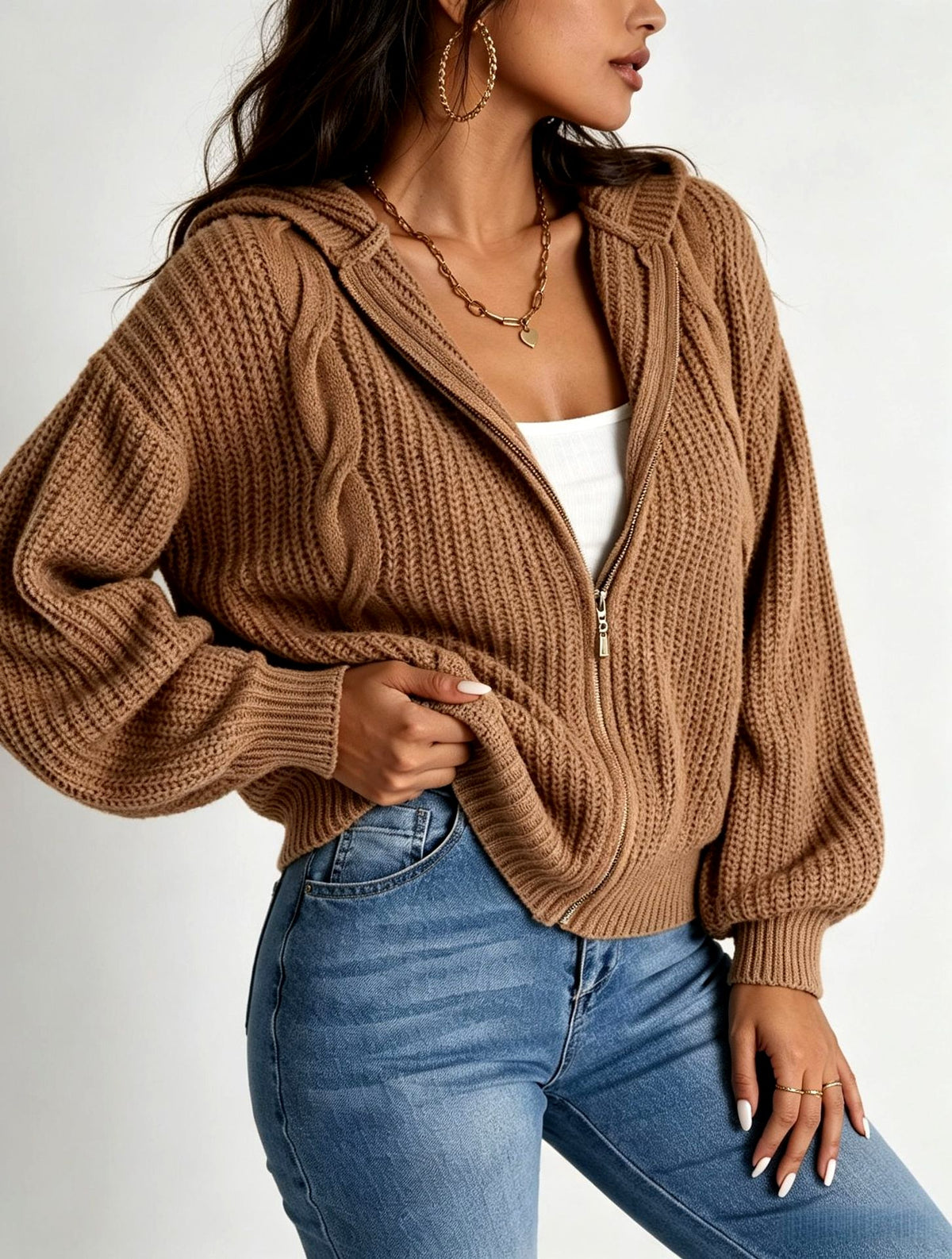 Kirsten - Women's Cropped Zip-Up Hooded Knit Cardigan 4
