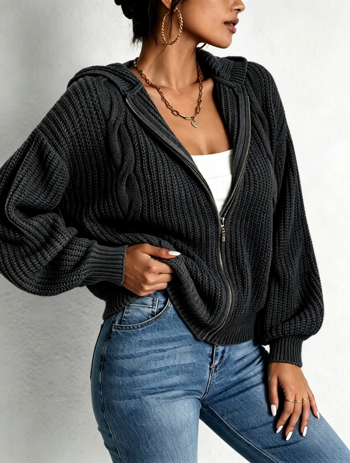 Kirsten - Women's Cropped Zip-Up Hooded Knit Cardigan 5