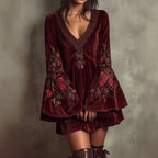 Kirsten - Women's Velvet Floral Embroidered Bell Sleeve Party Dress