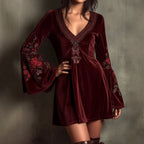 Kirsten - Women's Velvet Floral Embroidered Bell Sleeve Party Dress 2
