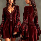 Kirsten - Women's Velvet Floral Embroidered Bell Sleeve Party Dress 3