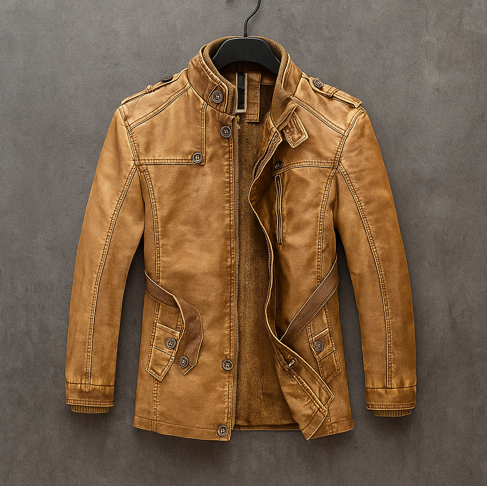 Larson - Men's Leather Long Coat with Corduroy Collar