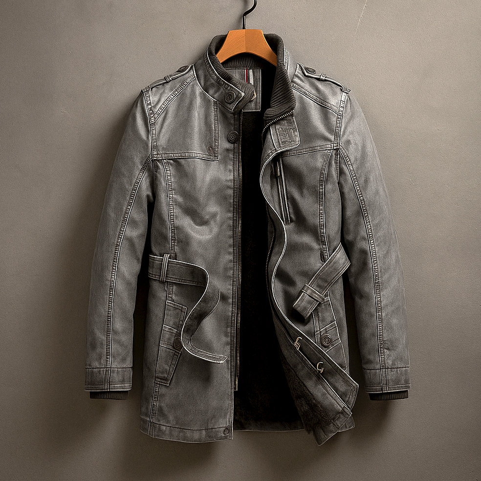 Larson - Men's Leather Long Coat with Corduroy Collar