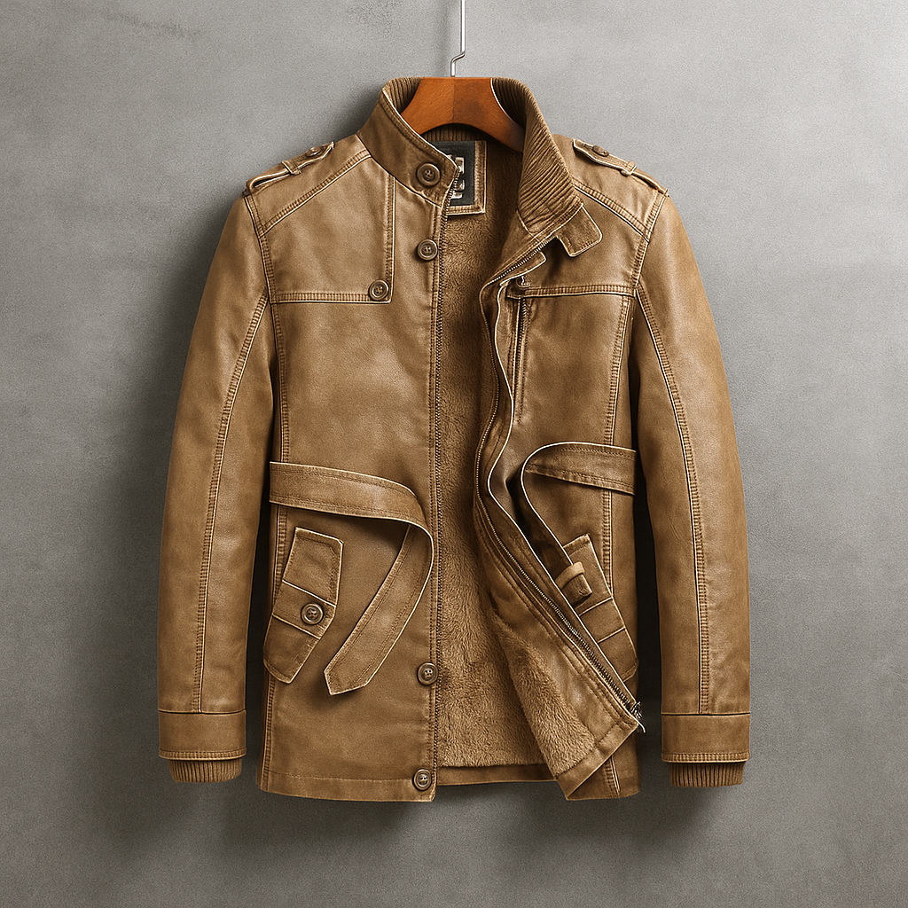 Larson - Men's Leather Long Coat with Corduroy Collar
