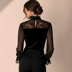 Laura - Women's Velvet Long Sleeve V-Neck Lace Blouse